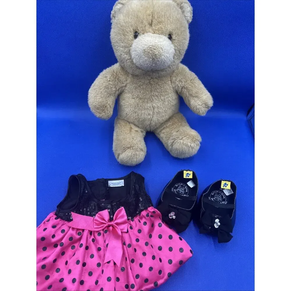VTG 90s Build a Bear Beige Tan 14” Bear Plush with Pink Black Sequin Dress Shoes